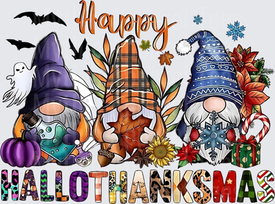 Happy Hallothanksmas Three Gnomes Halloween Thanksgiving Christmas Seasonal Trio with Bats Ghost Pumpkin Fall Leaves Snowflakes Candy Cane