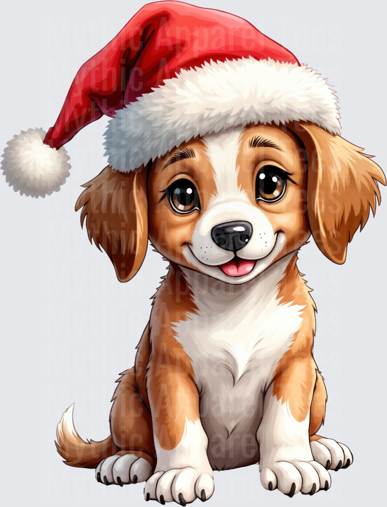 Cute Brown and White Puppy Wearing Santa Hat Smiling Christmas Dog