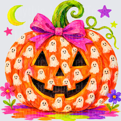 Halloween Bright And Fun Ghost Pattern Jack-O-Lantern With Pink Bow Crescent Moon Stars And Colorful Flowers