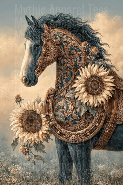 Majestic Dark Horse with Ornate Bronze Filigree Armor and Sunflowers Flowing Mane Vintage Western Floral