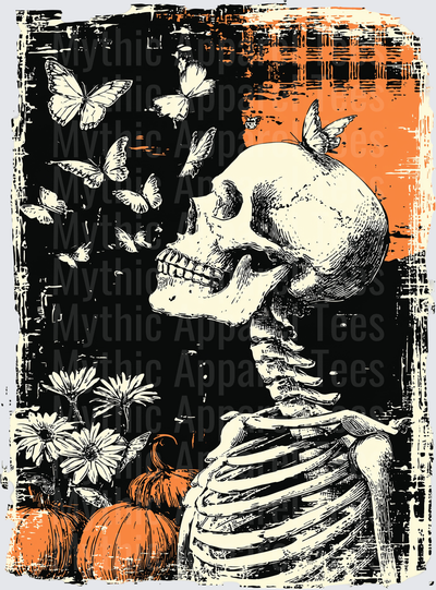 Distressed Halloween Skeleton Exhaling Butterflies with Pumpkins and Daisies on Grunge Orange and Black Background