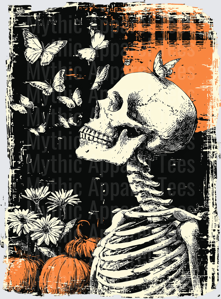Distressed Halloween Skeleton Exhaling Butterflies with Pumpkins and Daisies on Grunge Orange and Black Background