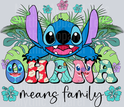 Ohana Means Family Blue Flowers Stitch DTF Lilo and Stitch Transfers