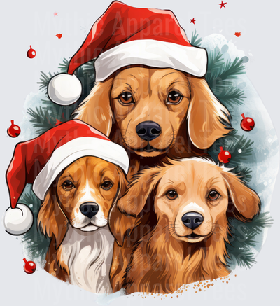 Three Golden Dogs Santa Hat Christmas Holiday Pine Wreath Red Ornaments