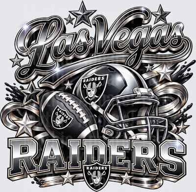 Gradient Polished Style NFL Las Vegas Raiders Chrome Silver and Black Helmet Football Stars Bold Lettering Fan Design