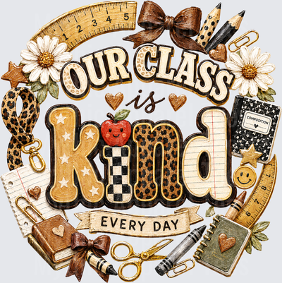 Our Class Is Kind Every Day Teacher Leopard Print Boho School Supplies Wreath Design with Apple Daisies and Composition Notebook