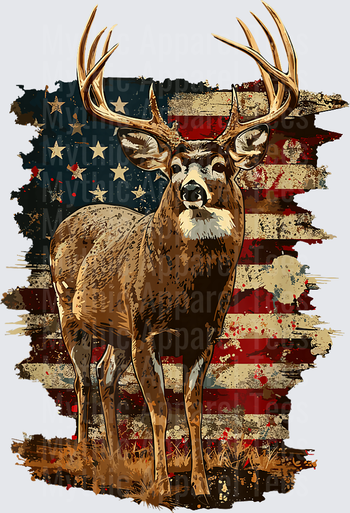 Whitetail Buck with Large Antlers Standing in Front of Distressed American Flag Patriotic Hunting Design