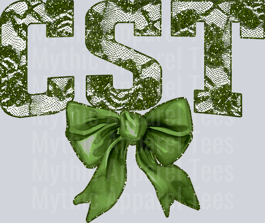 Olive Green Lace CST St Patrick's Day College Font Floral and shamrock pattern
