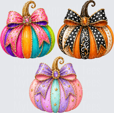 Halloween Fancy Jeweled Bow Pumpkin Trio with Colorful Striped Panels and Gold Embellishments