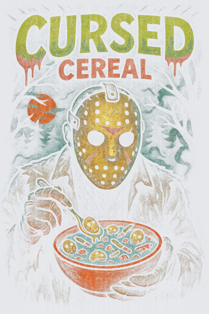 Cursed Cereal Jason Voorhees Friday the 13th Eating Skull Cereal Bowl Horror Breakfast Parody
