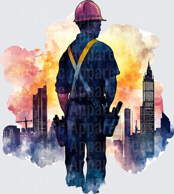 Construction Worker with Hard Hat and Tool Belt Standing Before City Skyline Watercolor Double Exposure