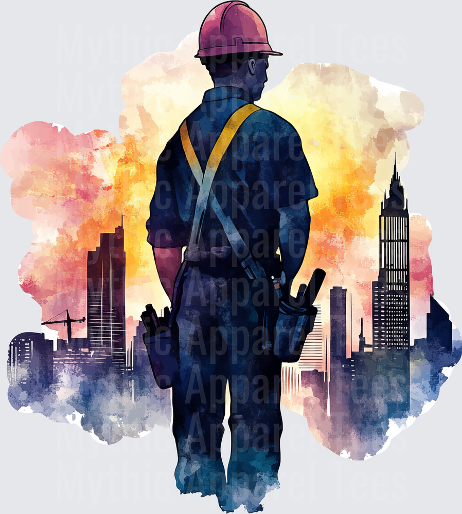 Construction Worker with Hard Hat and Tool Belt Standing Before City Skyline Watercolor Double Exposure