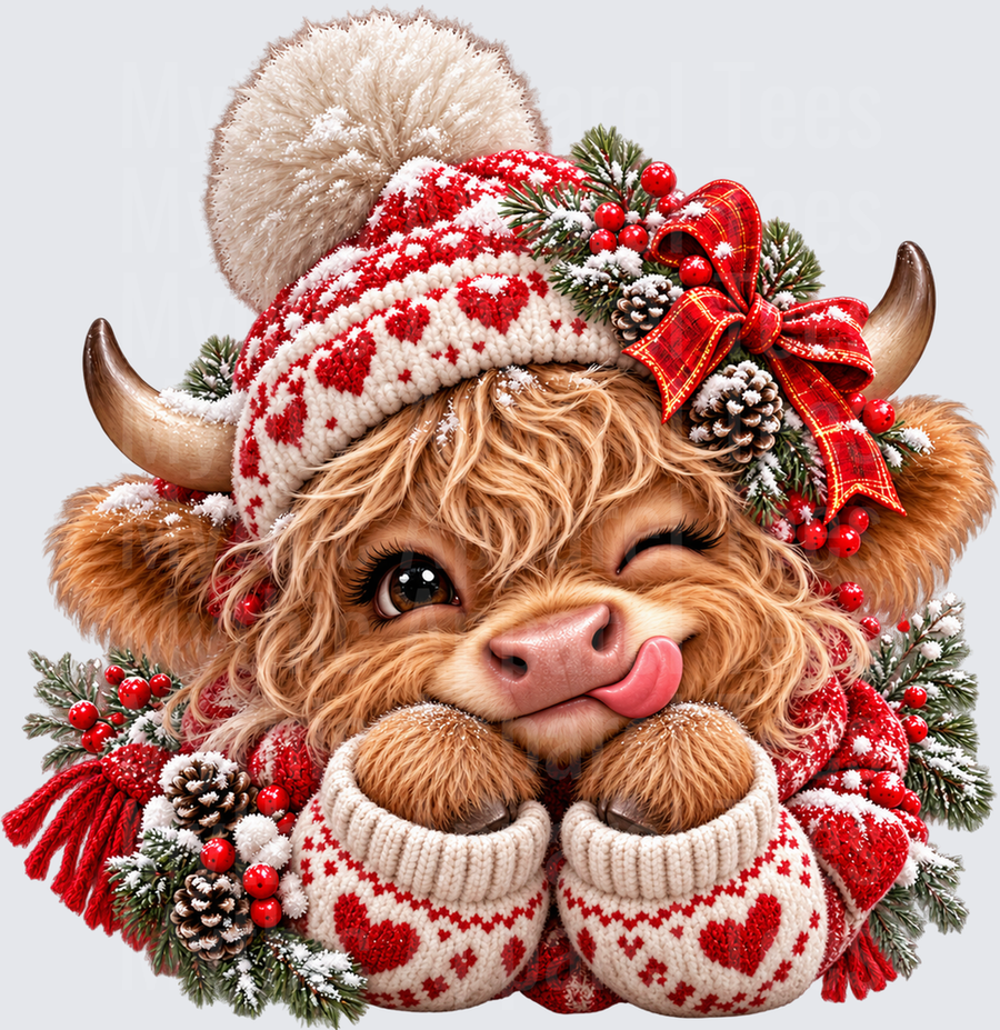 Cute Highland Cow Christmas Winking Tongue Out Pom Pom Beanie Plaid Bow Holly Mittens Winter Holiday