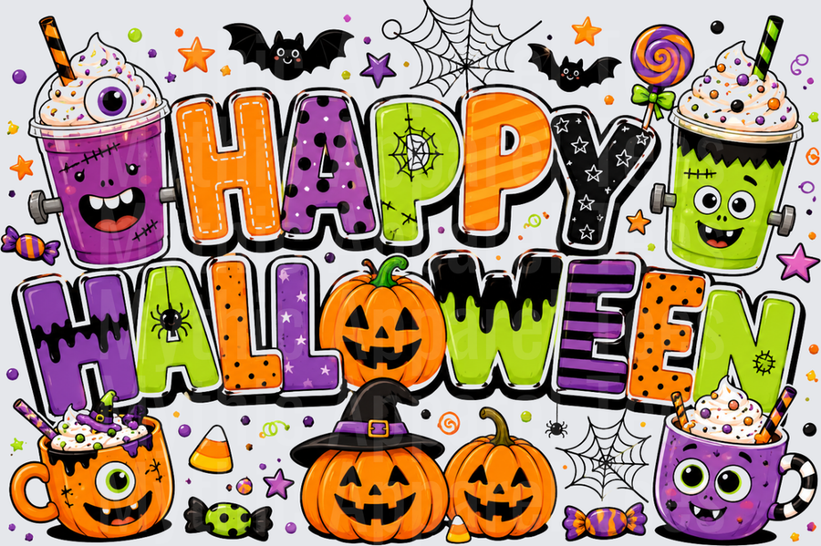 Happy Halloween Colorful Typography with Cute Monster Coffee Cups Jack O Lantern Pumpkins Bats Spiderwebs and Candy Doodle Design