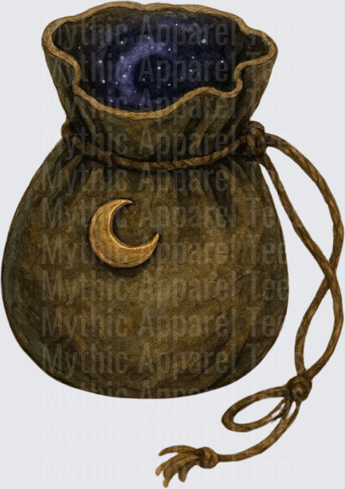 Mystical Drawstring Pouch Bag with Crescent Moon Charm and Starry Night Sky Interior Watercolor