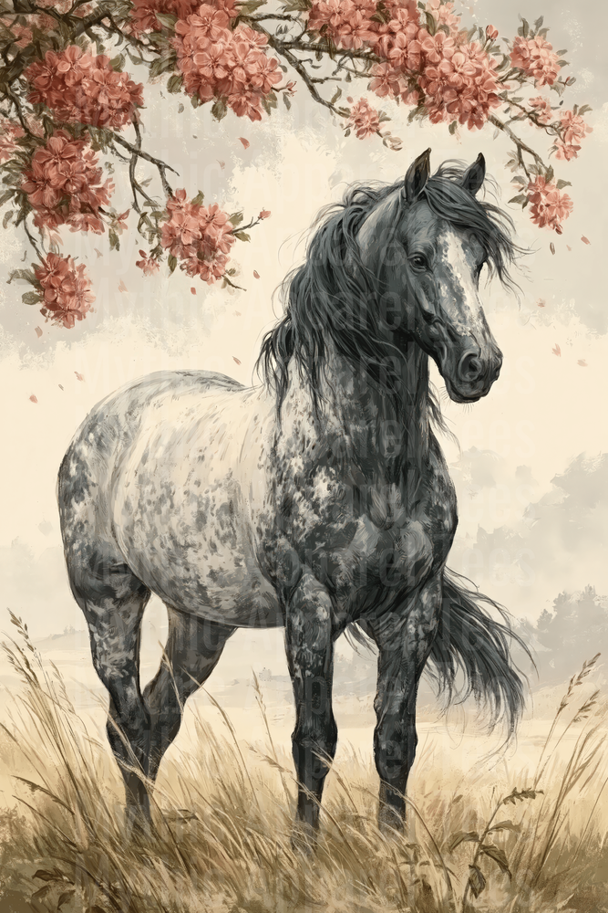 Dapple Gray Horse Standing in Golden Meadow Beneath Pink Blossoming Branches