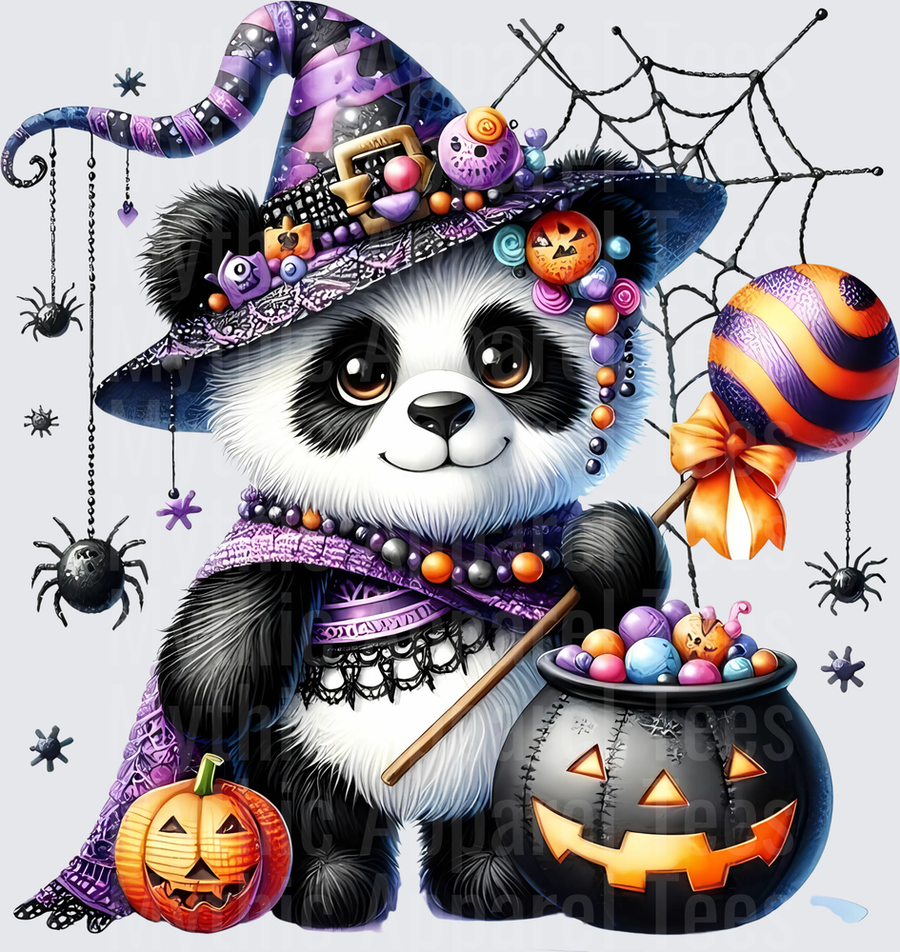 Cute Halloween Witch Panda with Purple Witch Hat Candy Cauldron Jack-O-Lantern and Spiders