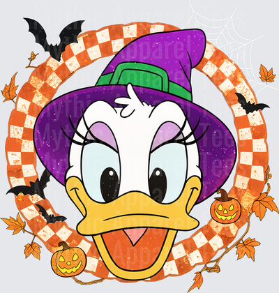 Daisy Duck Halloween Witch Hat Orange Checkered Wreath Bats Jack-O-Lanterns Fall Leaves