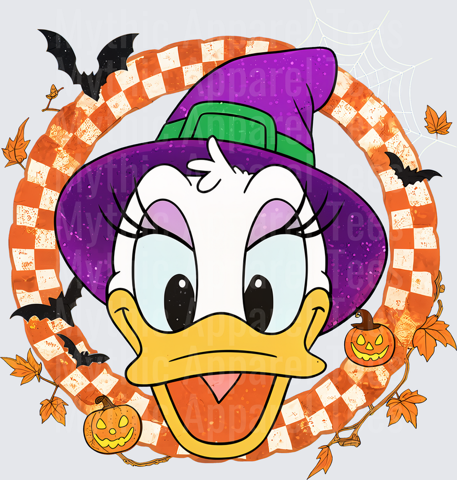 Daisy Duck Halloween Witch Hat Orange Checkered Wreath Bats Jack-O-Lanterns Fall Leaves