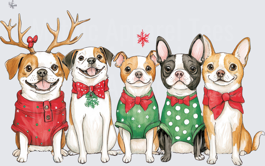 Five Festive Dogs in Holiday Outfits with Reindeer Antlers and Christmas Sweaters