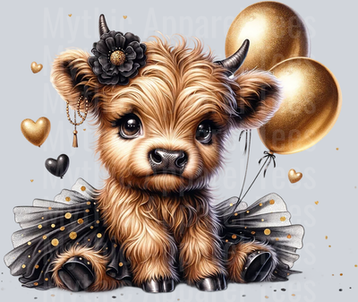 Cute Highland Cow Baby Black and gold balloons and flowers DTF Precious Highland Cow Transfers