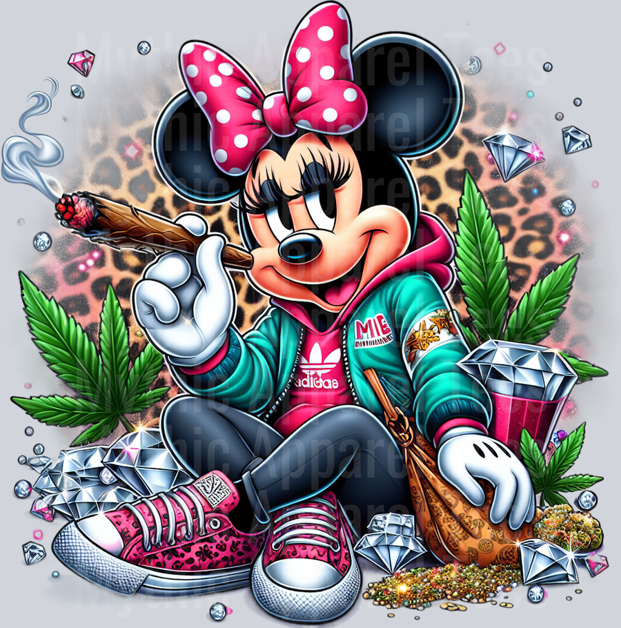 Minnie Mouse Cheeta Print Jewels Smoking Weed DTF Weed Transfers