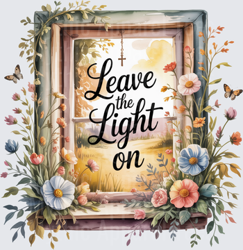 Leave the Light On Watercolor Window with Cross Floral Botanical Frame and Butterflies Faith Design