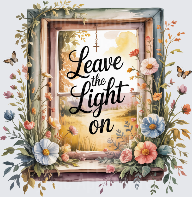Leave the Light On Watercolor Window with Cross Floral Botanical Frame and Butterflies Faith Design