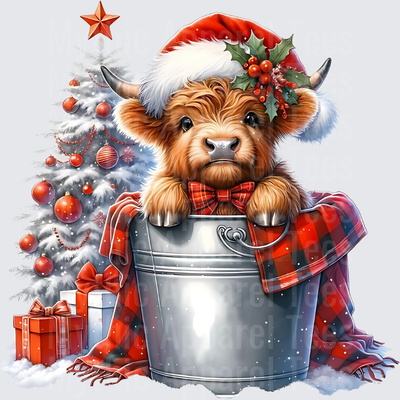 Highland Christmas Cow Santa Hat Galvanized Bucket Plaid