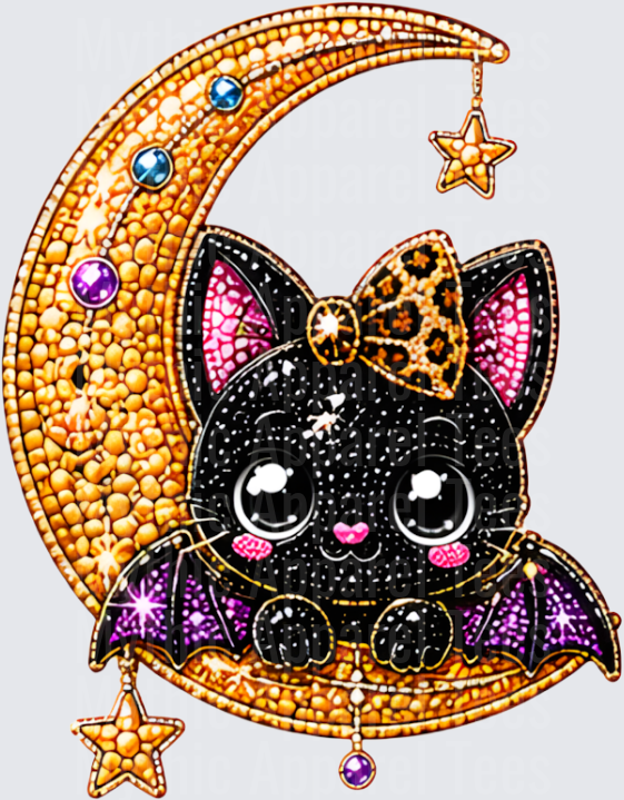Halloween Bling Cute Kawaii Black Bat with Leopard Print Bow Sitting on Jeweled Crescent Moon with Dangling Stars Diamond Art Style