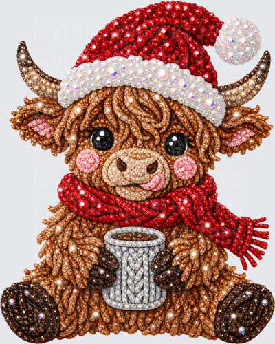 Cute Christmas Highland Cow Diamond Art Rhinestone Santa Hat Red Scarf Hot Cocoa Mug Sparkle Gem Design