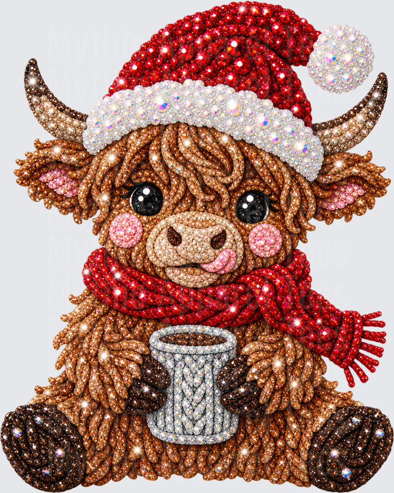 Cute Christmas Highland Cow Diamond Art Rhinestone Santa Hat Red Scarf Hot Cocoa Mug Sparkle Gem Design