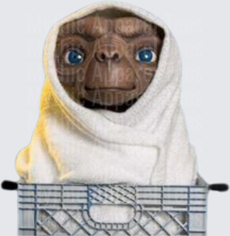 E.T. The Extra-Terrestrial Wrapped in White Blanket Sitting in Bicycle Basket
