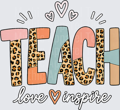 Teach Love Inspire Leopard Print Colorblock Letters with Hearts Teacher Design