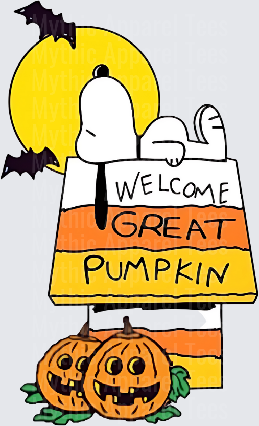 Snoopy Laying on Candy Corn Doghouse Welcome Great Pumpkin Halloween with Jack-O-Lanterns and Bats Full Moon