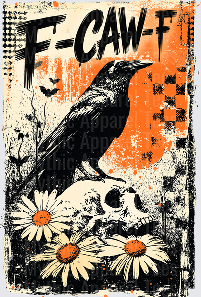 Distressed Halloween F-Caw-F Black Raven Perched on Skull with Daisies Orange Moon and Bats Grunge Gothic Design