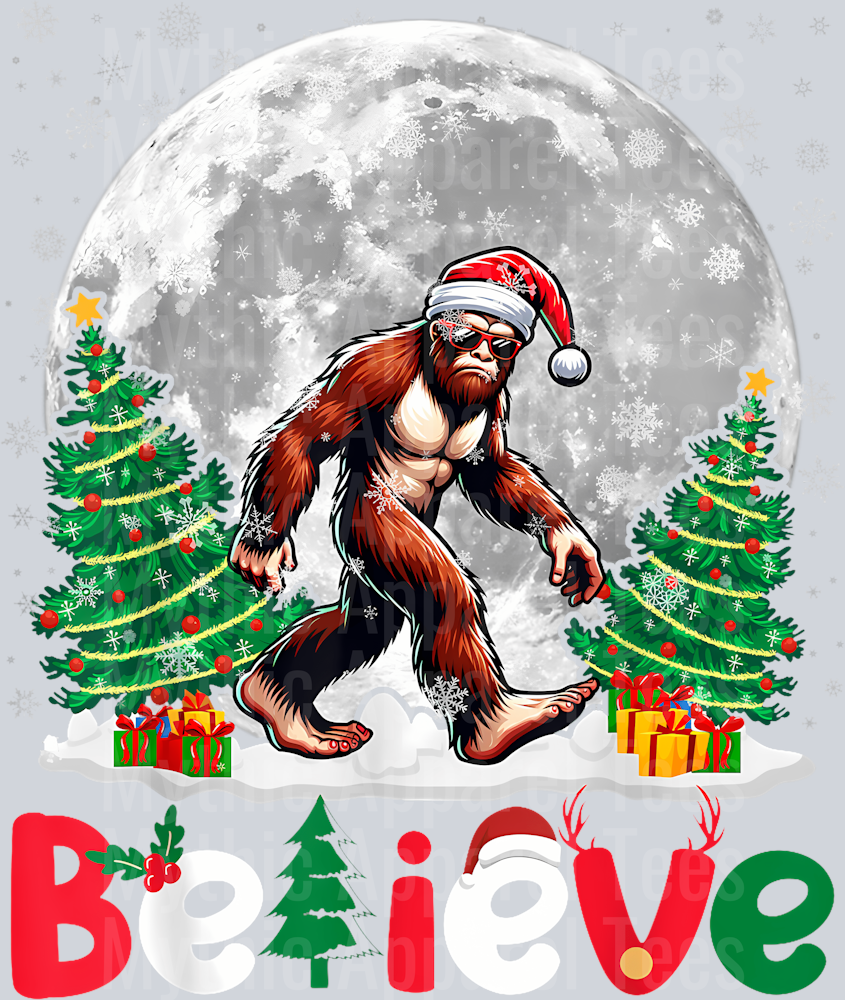 64 Bigfoot Believe Funny Christmas Tree Santa Hat Xmas Sunglass T-Shirt