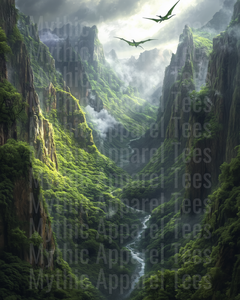 Pterodactyl Pterosaurs Flying Over Lush Prehistoric Jungle Canyon River Valley Misty Cliffs Dinosaur Era Landscape