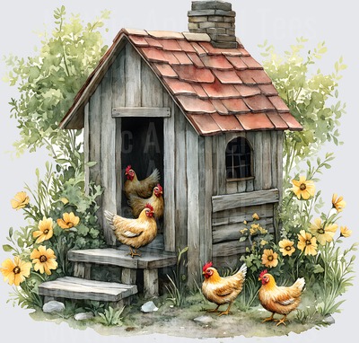 Farm Life and Farm Animals Rustic Chicken Coop with Yellow Wildflowers