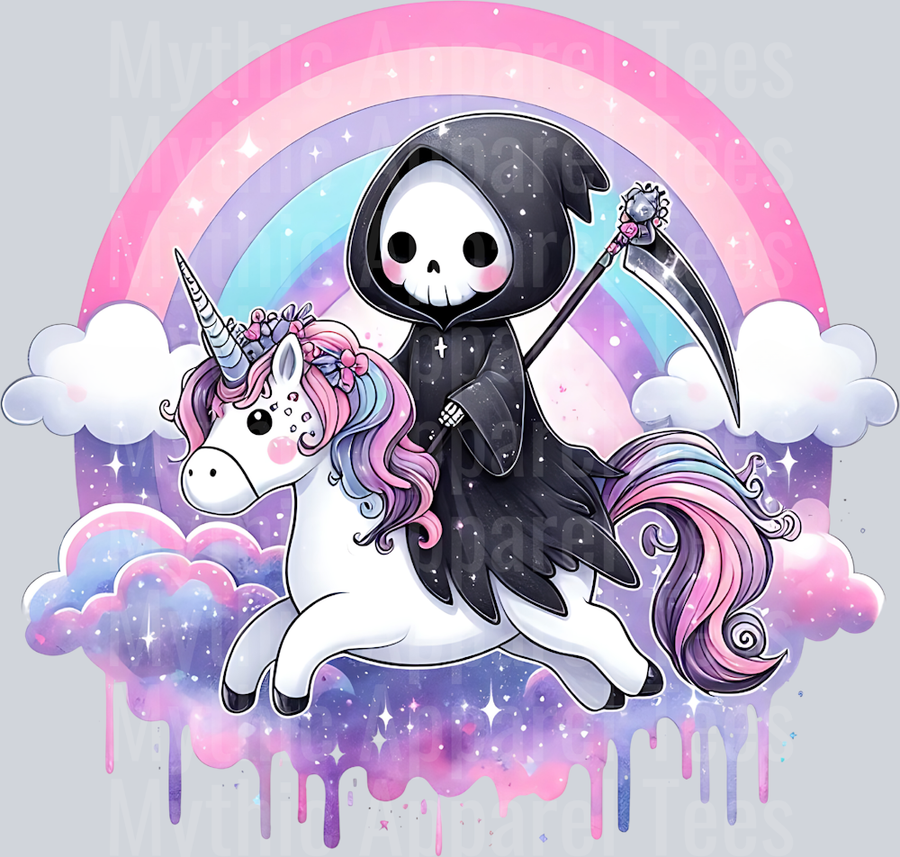 Death riding a unicorn and rainbow clouds DTF Skull Transfers