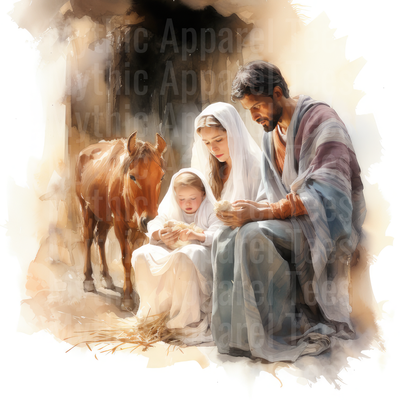 Nativity Scene Mary Joseph Baby Jesus Watercolor Manger Art