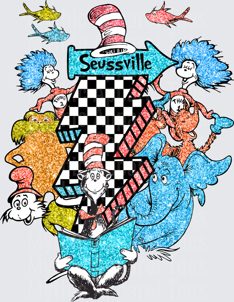 Seussville Glitter Dr. Seuss Characters Collage with Cat in the Hat Thing 1 Thing 2 Lorax Horton and One Fish Two Fish