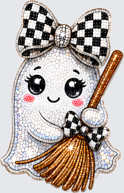 Halloween Bling Cute Mosaic Ghost Girl with Black and White Checkered Bow Holding Witch Broom