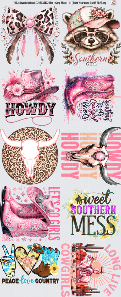 Gang Sheet FULL SIZE DESIGNS Southern Country Girl Design Collection with Leopard Print and Pink Accents