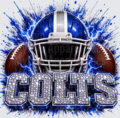 Rhinestone Style NFL Colts Blue Football Helmet Lightning Explosion with Diamond Bedazzled Lettering and Dual Footballs