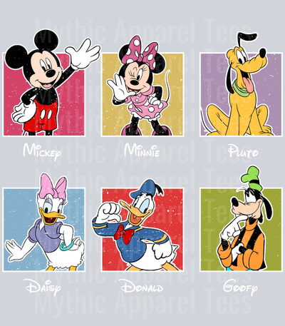 Mickey and friends classic frames with bold colors White DTF Disney Transfers