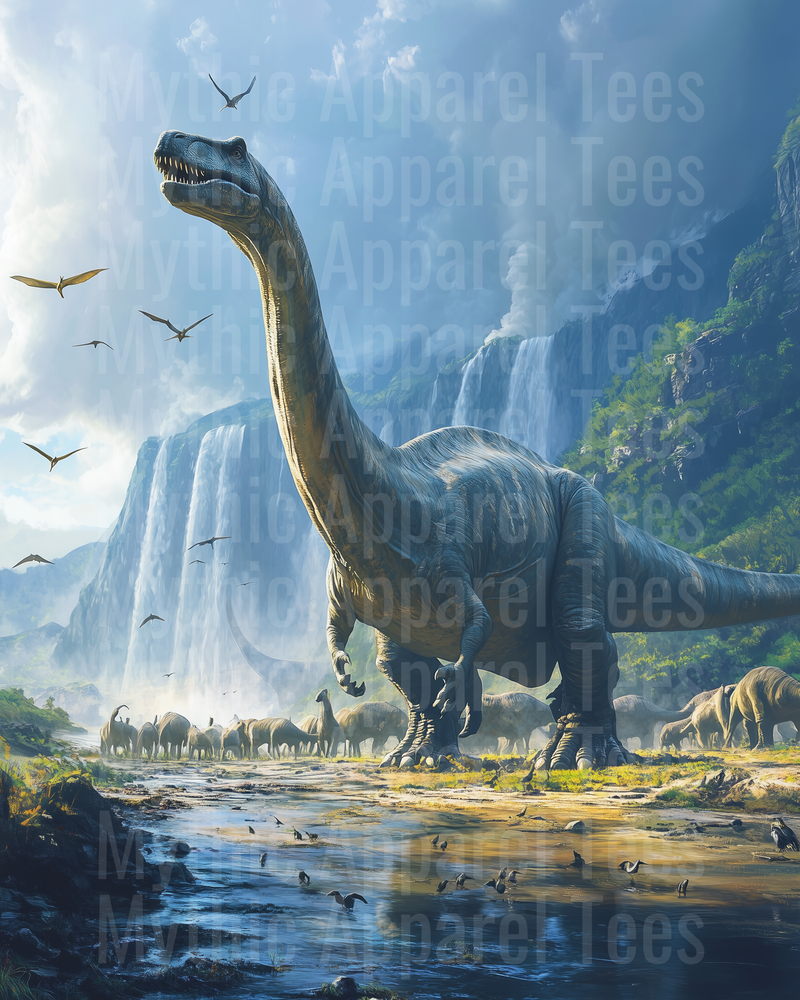 Majestic Brachiosaurus Herd Roaming Prehistoric Waterfall Landscape with Pterodactyls