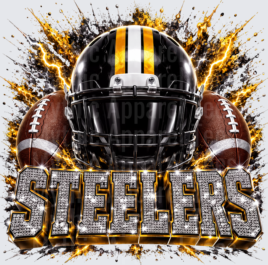 Rhinestone Style NFL Pittsburgh Steelers Black and Gold Football Helmet Lightning Explosion with Diamond Bedazzled Bold Text