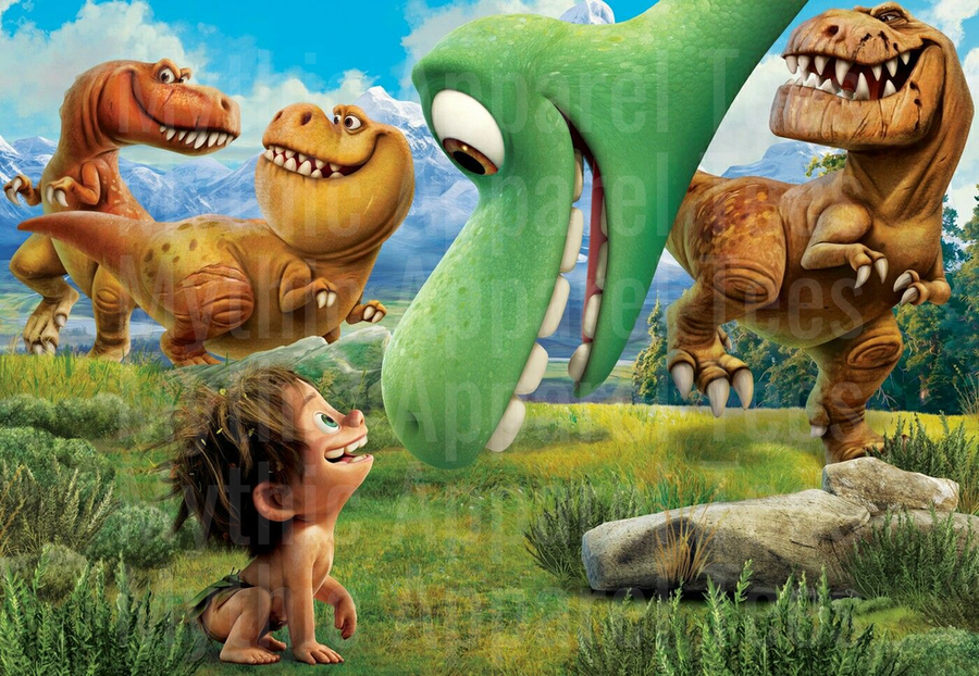 Arlo and Spot with T-Rex Dinosaur Family in Scenic Prehistoric Landscape The Good Dinosaur