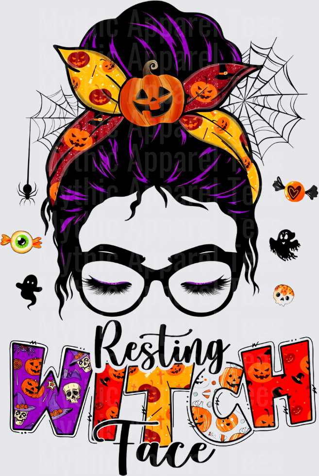 Resting Witch Face Messy Bun Woman with Glasses Pumpkin Bandana Halloween Ghosts Spiderwebs Candy